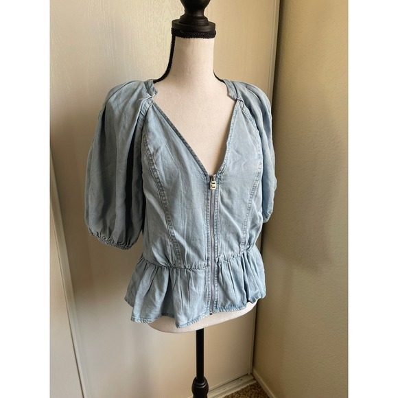 Dkny Tops - DKNY Front Zip Peplum Chambray Top Womens S Blue Puff Sleeve Lyocell Blouse
